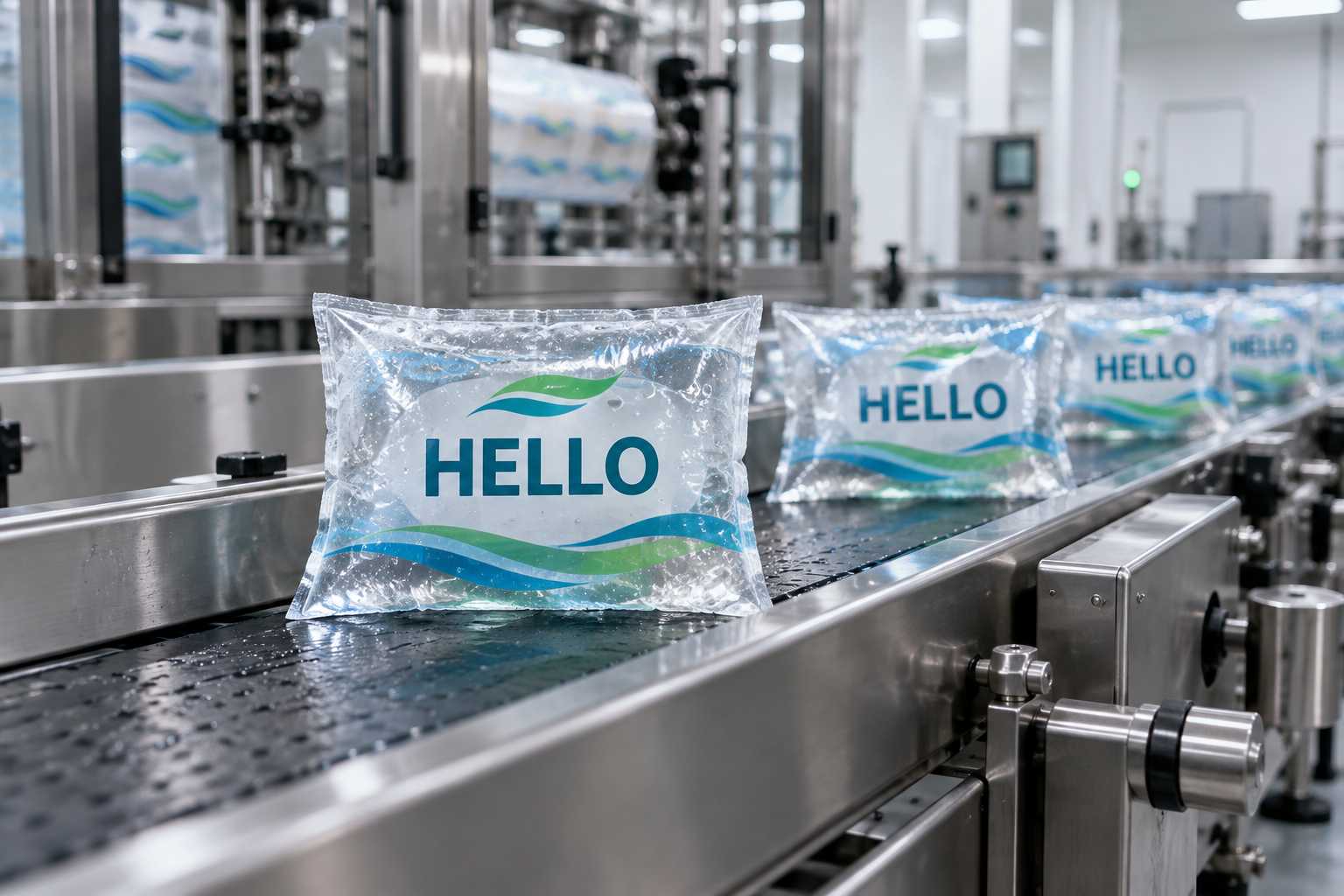 HELLO sachet water moving through a clean production line